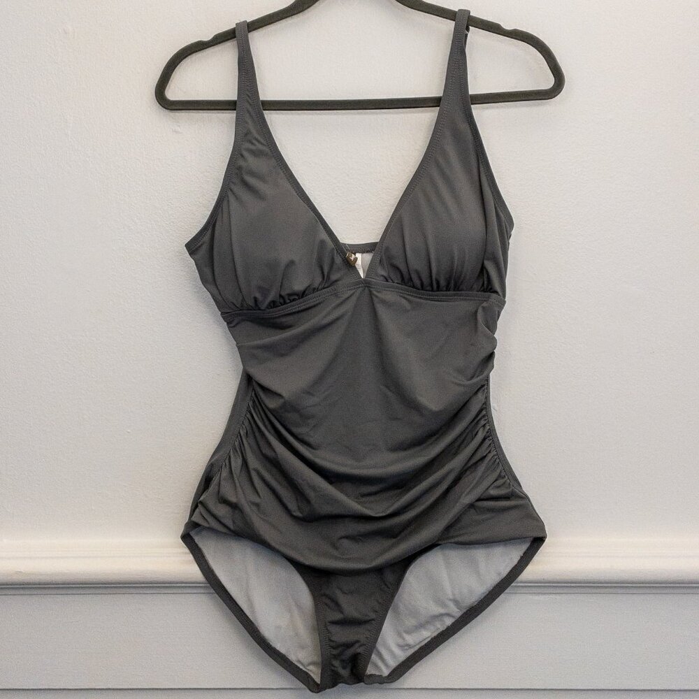 Tommy Bahama One Piece Swimsuit Size 14 Ruched Gray Adjustable Straps Supportive
